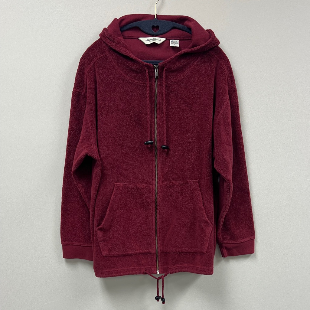 Eddie Bauer Plush Burgundy Red Full Zip Hoodie With Pouch Pocket Large Petite